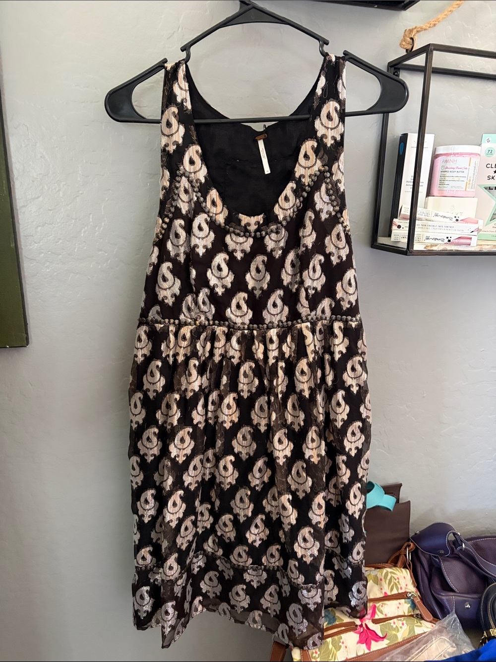 Free People Black and Cream Printed Midi Dress